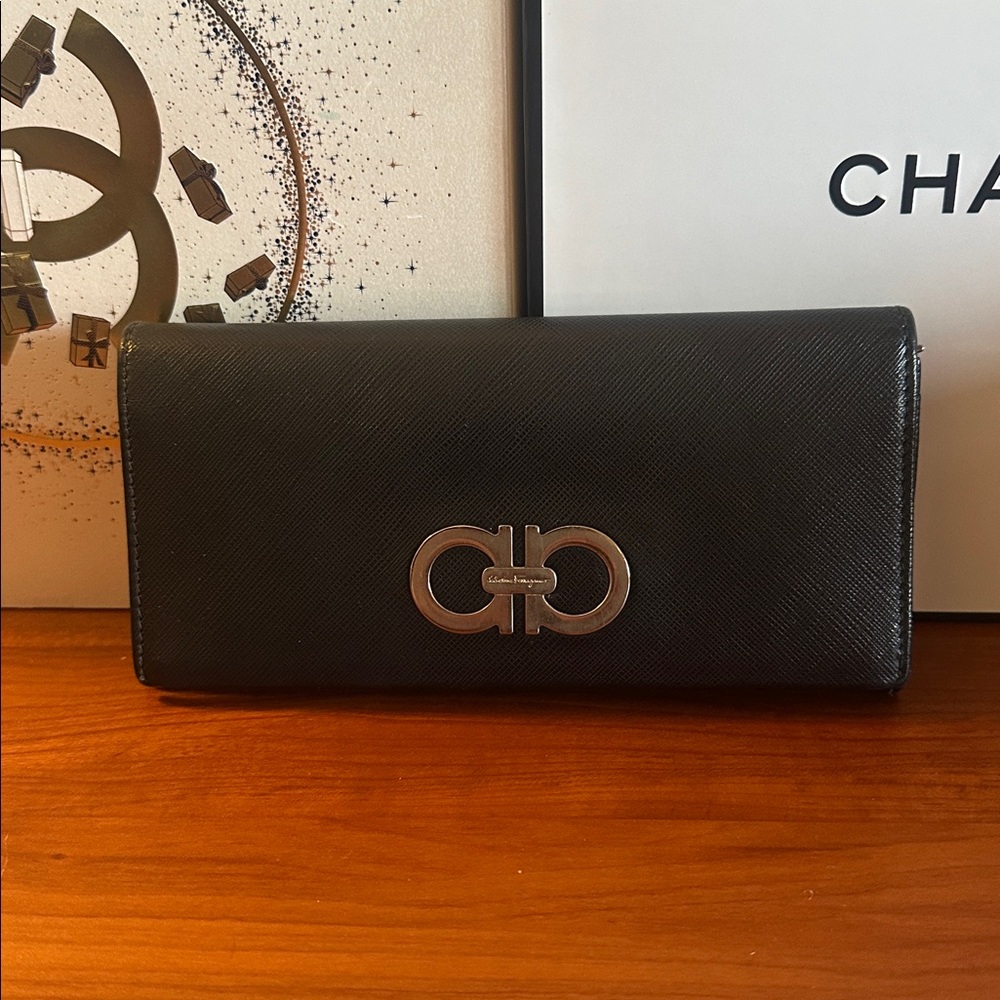 Salvatore Ferragamo Gancini Black Calfskin Continental Wallet Women’s